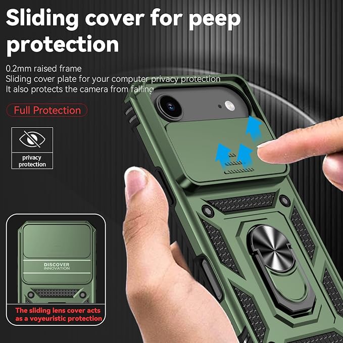 SunStory Phone Case for iPhone Air Case with HD Screen Protector & Slide Camera Cover & Rotated Ring Kickstand, [Military-Grade] Phone Case for iPhone 17 Air, Army Green - Image 3