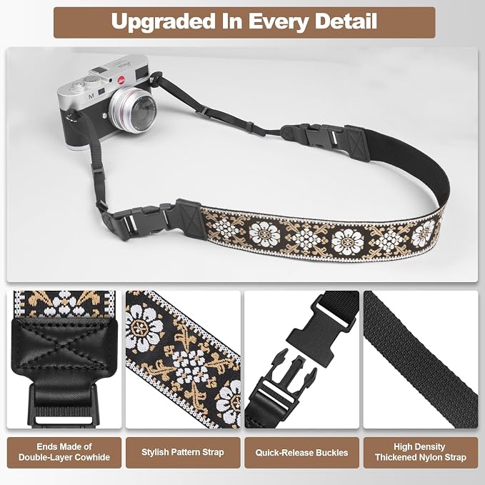 Adjustable Camera Neck Strap, Vintage Embroidered Shoulder & Crossbody Camera Strap with 4 Connection Ways, Anti-Slip Camera Strap for DSLR, Mirrorless & Camcorder, Travel & Outdoor Photography Gear - Image 5