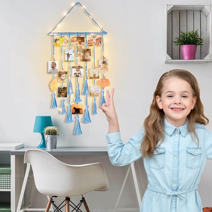 Homecor Hanging Photo Display Wall Decor, Blue Macrame Hanging Boho Room Bedroom Decor, Picture Frame Collage with Light & 30 Clips, Christmas Teenage Teen Girl Gifts Ages 10 11 12 13 14 Years Old - Image 3