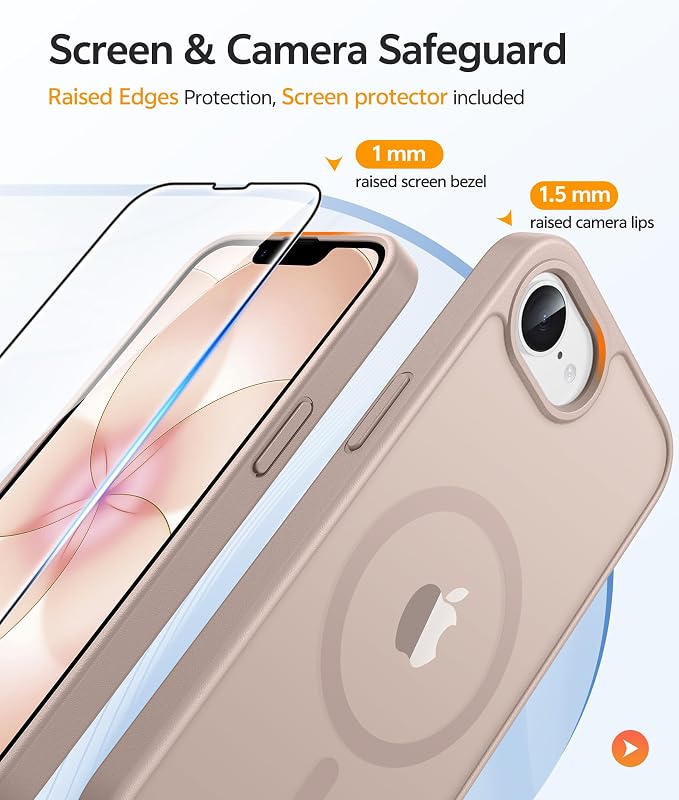 FNTCASE for iPhone 17e/ iPhone 16e Case, Fit for Magsafe, Screen Protector | Translucent Matte Magnetic Back, 14FT Military Grade Drop Protection, Shockproof Protective Phone Cover, Desert Gold - Image 4