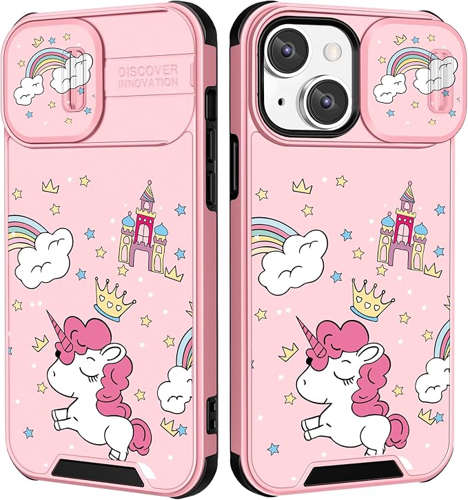 (2in1 for iPhone 14 Case for Women Kawaii Cartoon Girly Phone Cover Cute Unique Design with Slide Camera Cover Protective Rainbow Cases for iPhone14 6.1 inch by Goocrux