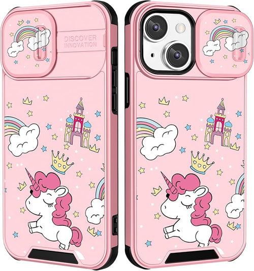 (2in1 for iPhone 14 Case for Women Kawaii Cartoon Girly Phone Cover Cute Unique Design with Slide Camera Cover Protective Rainbow Cases for iPhone14 6.1 inch by Goocrux