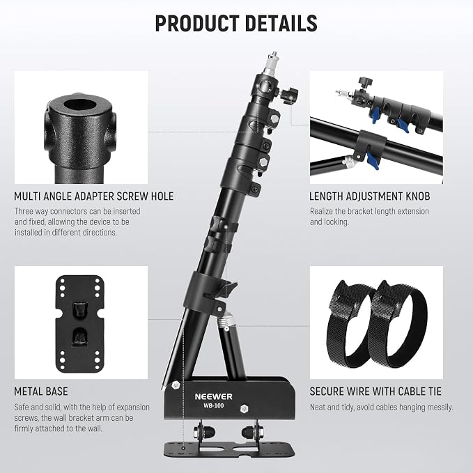 NEEWER Ring Light Wall Mount Boom Arm, 22"-46"/55-116cm, Aluminum Alloy | 180° Swivel, Triangle Light Wall Mounting, for Photography Strobe Monolight Softbox Umbrella Reflector, Max 6.6lb/3kg, WB-100 - Image 6
