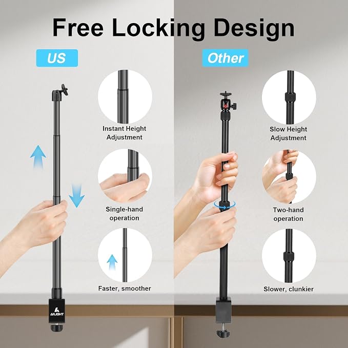 Ailight Desk Stand for Live Streaming, Adjustable Mount with Phone Holder | 1/4" Screw, Ball Head & C Clamp, for Camera/Phone/Webcam, Tool-Free Setup for Vlogging/Recording - Image 3