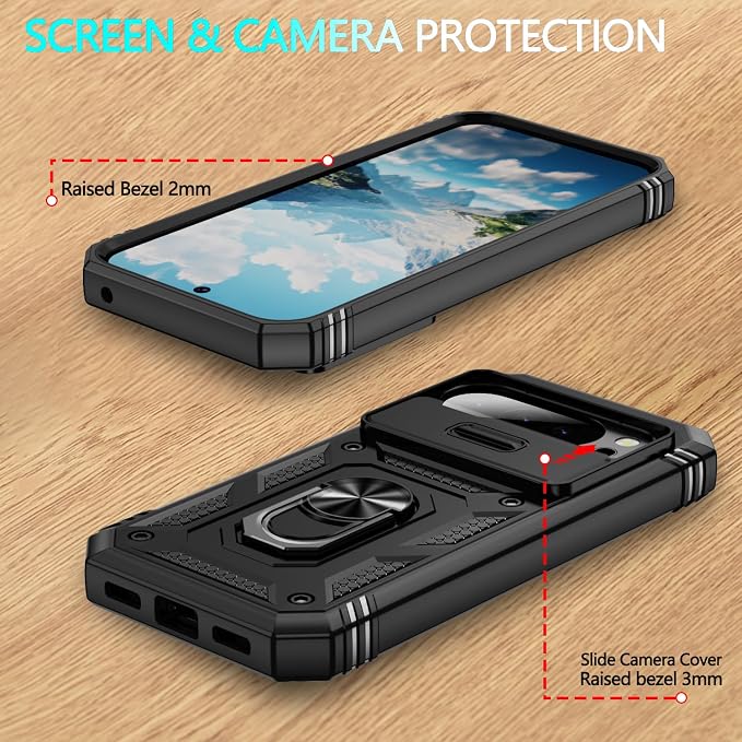Case for Google Pixel 10 Pro XL/Pixel 9 Pro XL, with 3 Pcs Tempered Glass Screen Protector Built in Ring Stand Kickstand + Camera Cover, Hard PC Soft TPU Defender Full Body Protective Case - Black - Image 7