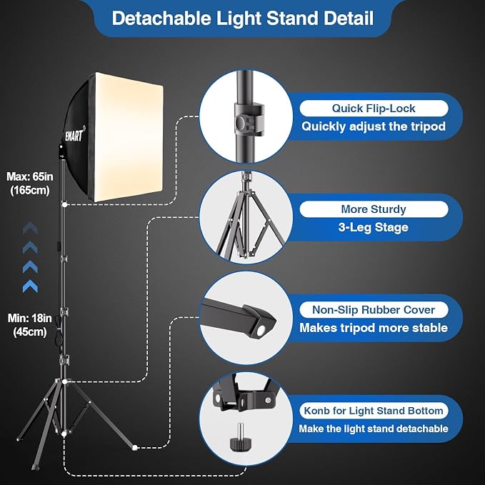 EMART Softbox Lighting Kit 85W 16"x16" Soft Box for Photography Light 2Pack | 3000K-6000K LED Bulbs with Remote, 65" Tripod, Professional Photography Lighting for Studio Lights, Portrait, Video Recording - Image 4