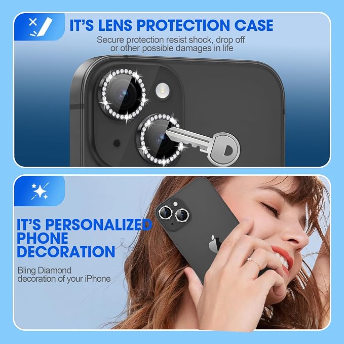 for iPhone 15/15 Plus Camera Lens Protector Bling Diamond, Black | Individual Metal, 9H Hardness, Scratch Resistant, Shockproof, Drop Protection, Case Friendly, Stylish Accessories - Image 3