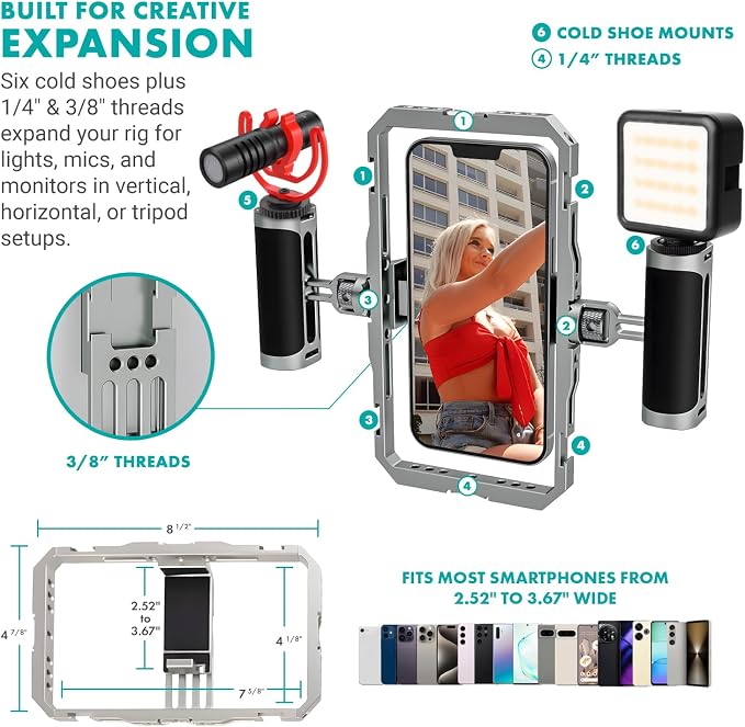 Movo iFilmer-PRO Smartphone Video Rig Kit – Stabilizer Cage with Dual Grips, VXR10 Shotgun Microphone, LED Light, & Tripod for iPhone/Android - Image 4
