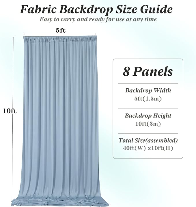 40 ft x 10 ft Wrinkle Free Dusty Blue Backdrop Curtain for Parties, 8 Panels 10ft Polyester Dusty Blue Photo Backdrop Drapes for Graduation Birthday Wedding Party Stage Curtains - Image 7