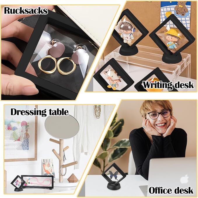 6 Pcs 3D Floating Display Case, Clear PE Film Jewelry Storage Box, Challenge Coins Display Holder Frame for Ring Necklace Shell Stamp Specimens Rocks, Black, 3.5 x 9X 0.8 in, 2.7 x 2.7 x 0.8 in - Image 5