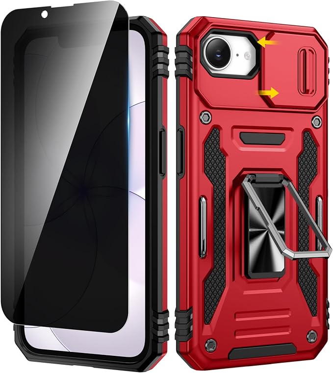 VEGO for iPhone 17e/ iPhone 16e Case with Slide Camera Cover and Stand Red | Privacy Screen Protector & Ring Kickstand Military Grade Heavy Duty Protection Cover for iPhone 17e 5G - Red by VEGO