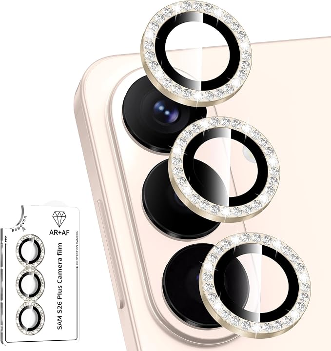 for Samsung Galaxy S26 Plus Camera Lens Protector, Individual Metal Ring Tempered Glass Lens Cover, [Strong Adsorption] Scratch Resistant Ultra-Thin HD Clear Lens Cover, Titanium Gold Diamond by Btscase