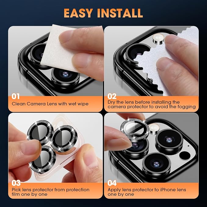 for iPhone 16 Pro/16 Pro Max Camera Lens Protector Glitter, Black | Individual Metal, 9H Hardness, Scratch Resistant, Shockproof, Drop Protection, Case Friendly, Stylish Accessories - Image 7