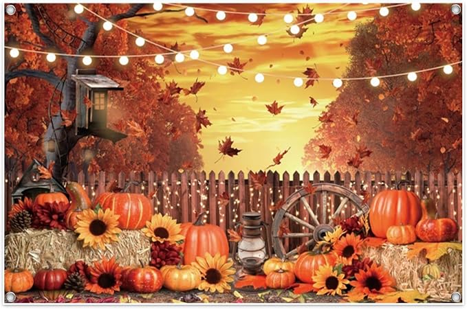 Fall Banner 7x5ft Polyester Harvest Hay Farm Pumpkin Patch Backdrop Sunflower Maple Photo Backdrops Thanksgiving Banner Decorations for Party by Leowefowa