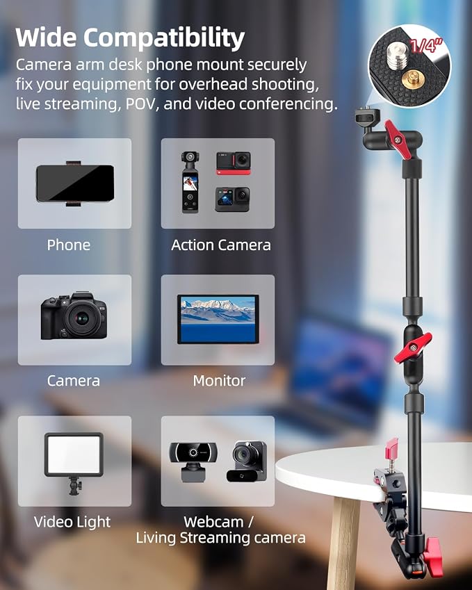 22" Magic Arm w Clamp Mount, Overhead Desk Phone Mount Stand, Adjustable Articulating Friction Camera Boom Arm w 1/4" Thread for Phone Video Light Webcam Action Camera Tripod Mic (Pack of 2) - Image 5