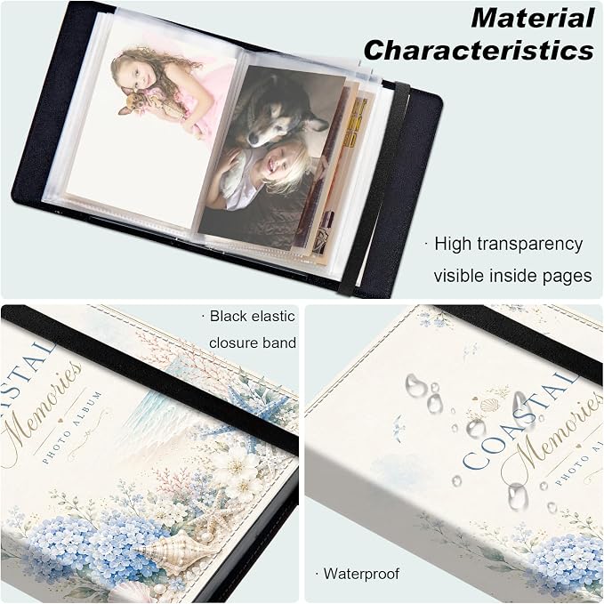 DEGDFSGR 4x6 Small Photo Album, 60 Pockets Holds 120 Photos | Slip-in pockets, black elastic band, portable for family, wedding, baby, travel photos, Seaside Coastal Hydrangea Seashell - Image 5