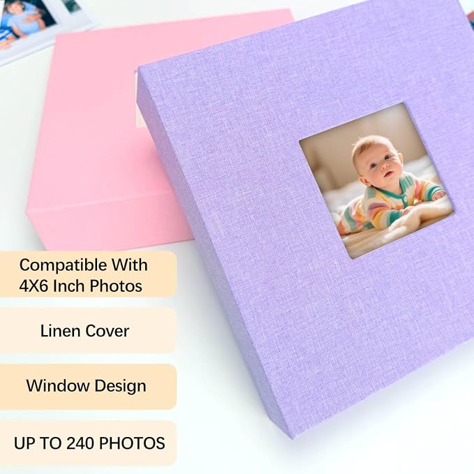 4x6 Photo Album Holds 240 Photos Writing Space Linen Cover, Purple | Clear Acid-Free Sleeves, Memo Writing Areas, Front Display Window, Baby, Wedding, Travel & Family Picture Keepsakes - Image 2
