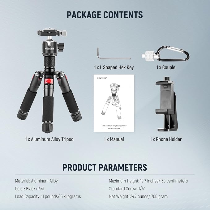 NEEWER Mini Desk Camera Tripod with Cell Phone Holder, 20"/50cm, TP-AAM521 | Compatible with iPhone Video Recording Filming, Small Portable DSLR Camcorder Webcam Stand, 360° Ball Head 1/4" QR Plate - Image 9