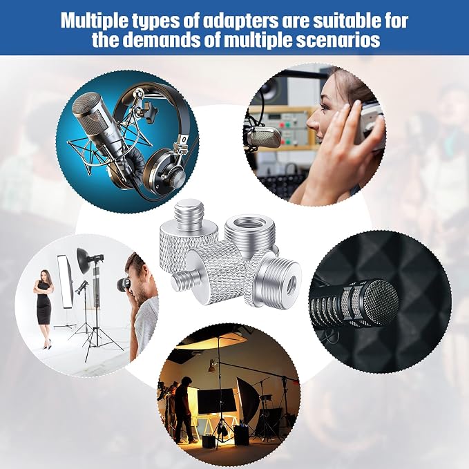 8 Pcs Mic Stand Adapter 5/8 Female to 3/8 Male 4 Types | Silver Mic Thread Adapter 8 Pcs, 5/8 3/8 1/4 Screw, Aluminum Alloy Knurled, Non Slip Grip, for Mic Stand and Boom Arm - Image 5