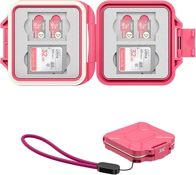 JJC Small SD Card Case Holder for 4 SD & 8 Micro SD Memory Cards, Hot Pink | 12 Slots, Slim & Lightweight Design, Water-Resistant & Shockproof, Soft EVA Interior, Includes Wrist Strap, Easy to Carry by JJC
