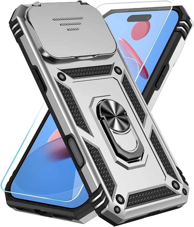 SunStory Phone Case for iPhone 17 Pro Max Case with HD Screen Protector & Slide Camera Cover & Rotated Ring Kickstand, [Military-Grade] Phone Case for iPhone 17 Pro Max, Silver by SunStory