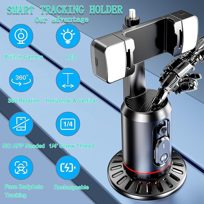 Crienten Auto Face Tracking Tripod, 360° AI Face Tracking Phone Holder with Remote, No App，Smart Phone Stand for iPhone & Android, Rechargeable Tripod for Video Recording, Live Streaming, TikTok, Vlog - Image 3