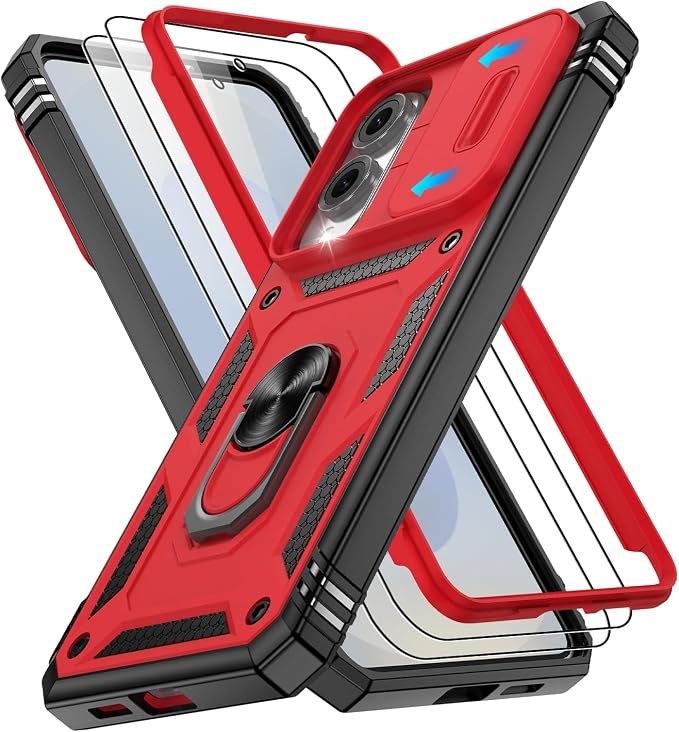 Gritup Fit for Samsung Galaxy S25 Edge Case with Slide Camera Cover | 2 Pcs Screen Protector, Build in 360° Rotating Ring Kickstand, Military Grade Protective Phone Case, Red+Black by Gritup