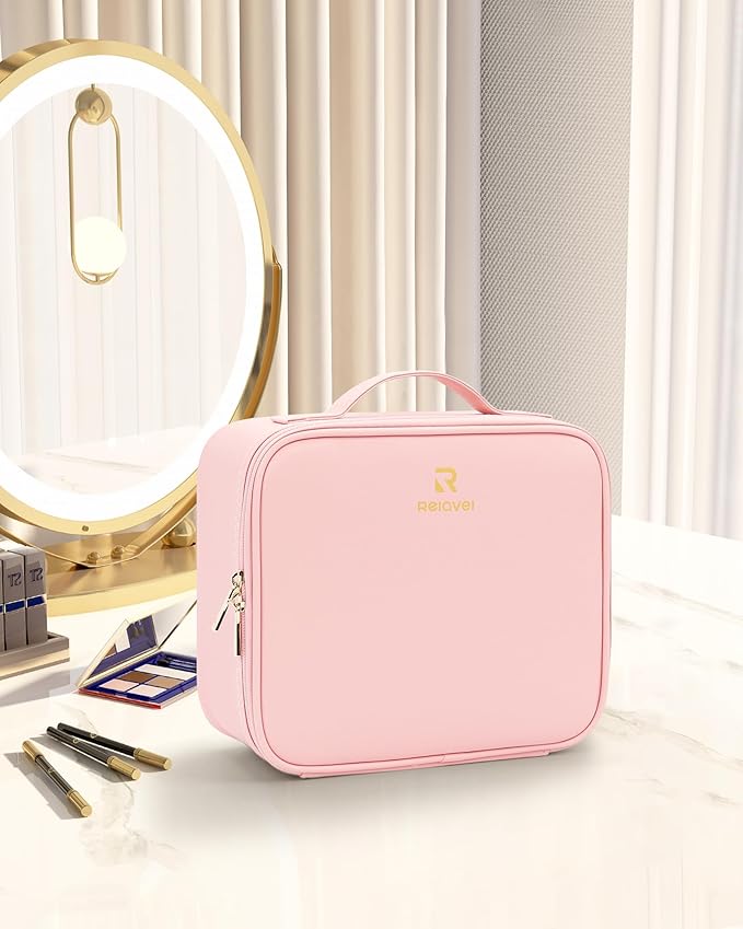 Relavel Travel Makeup Train Case Cosmetic Case Organizer Portable Artist Storage Bag with Adjustable Dividers for Cosmetics Makeup Brushes Toiletry Jewelry Digital Accessories (Pink) - Image 7