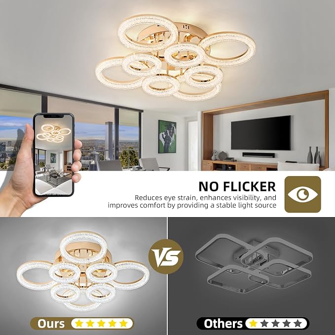 Modern Ceiling Light, 8 Rings 26.8'' Dimmable LED 106W Flush Mount Ceiling Lights with Remote Acrylic Crystal Round Ceiling Light Fixture, Bedroom Living Room Dining Room, Gold - Image 5
