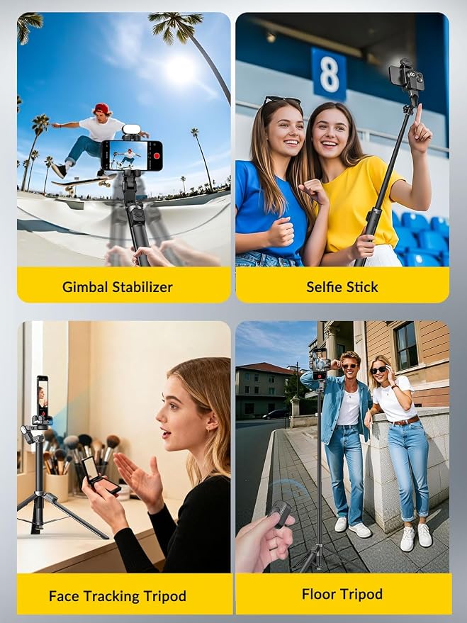 AOCHUAN M3Pro 4-in-1 Smartphone Gimbal Stabilizer for iPhone, AI Tracking | Auto-Open Tripod, No App AI Face Tracking, RGB Fill Light, Magnetic Remote, Built-in Extension rod, for Travel, Vlog, Black - Image 5