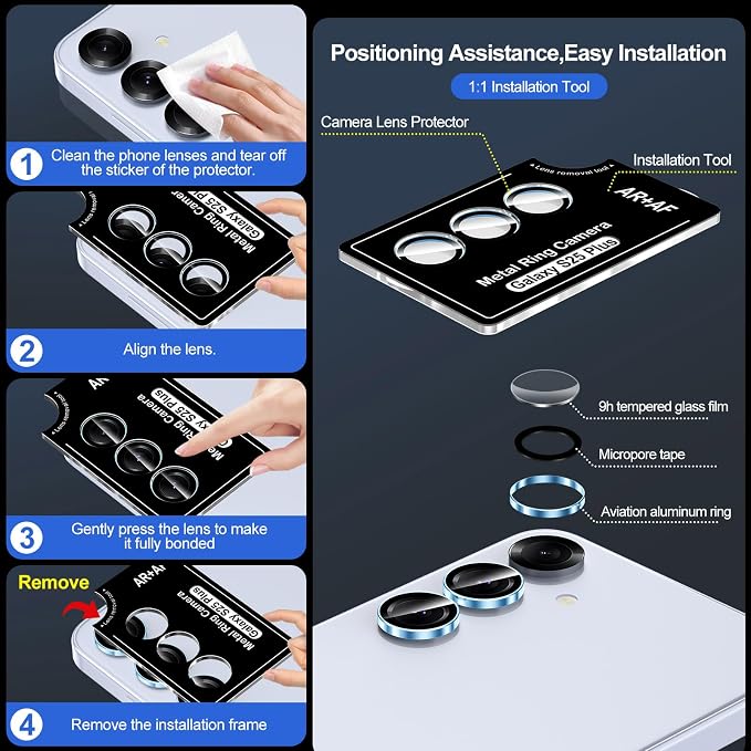 for Samsung Galaxy S25 Plus Camera Lens Protector, Individual Metal Ring Tempered Glass Lens Cover, [Strong Adsorption] Scratch Resistant Ultra-Thin HD Clear Lens Cover, 1 Set-Blue Ring - Image 6