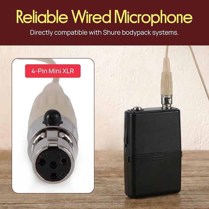 PYLE-PRO On-Ear Audio Condenser Microphone - Portable Omnidirectional Wired Headset Condenser Mic With 4 Pin Mini XLR Cable and Windscreen - Works with Shure System - PMEMS10 (Skin Tone), Beige - Image 5