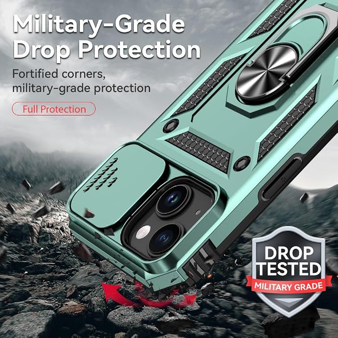 HNHYGETE for iPhone 15 Case with HD Screen Protector: [Military Grade 20ft. Drop Tested] Ring Shockproof Protective Phone Case for - iPhone 15 Dark Green - Image 3
