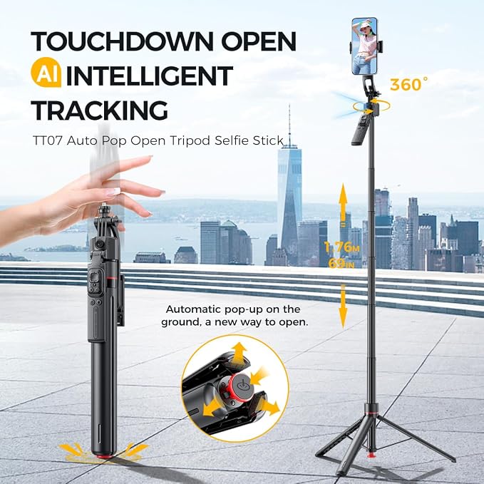 69.3" Auto Face Tracking Selfie Stick Tripod, 360° Rotation Auto-Open Phone Tripod Stand with Rechargeable Remote,for TikTok/Vlog/Live Stream,Compatible with iPhone/Android/Camera/GoPro - Image 8