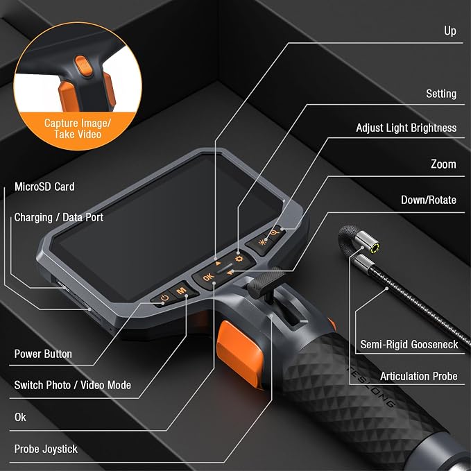 Teslong Articulating Borescope for Mechanic Automotive HVAC Wall Inspection | 2.0MP HD Endoscope, 8 LED Lights, Two-Way 210°, 4.5" IPS Screen, 32GB, IP67 Waterproof, Semi-Rigid Gooseneck, Carrying Case - Image 8