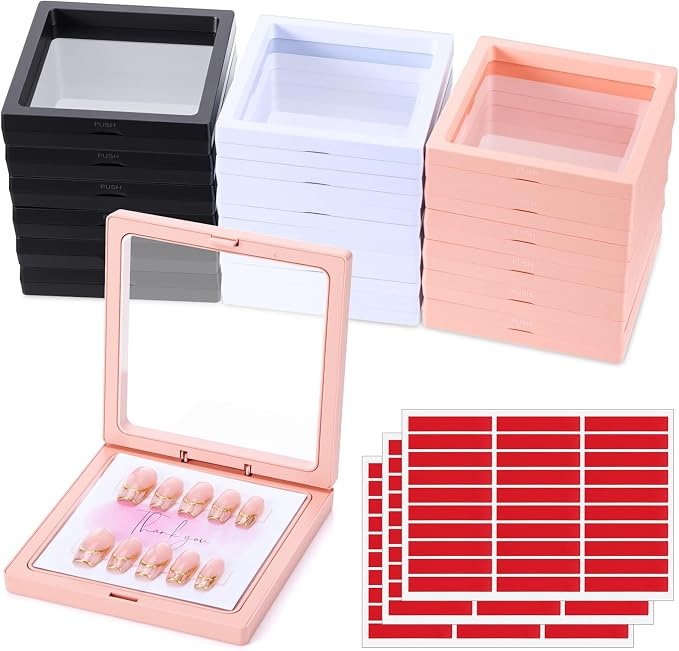 meekoo 30 Pcs Press on Nail Packaging Box with 90 Pcs Adhesive Double Sided Tape Artificial Nail Display Case Storage Container Box Acrylic Packaging Organizer for Home Salon Art (Black, White, Pink) by meekoo