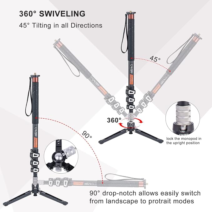 Cayer CF34DV Carbon Fiber Monopod, 68" with Folding Feet for Camera | Carbon Fiber Tube, Folding Feet, 4-Section, 68" Height, Monopod Leg with Feet Only - Image 3
