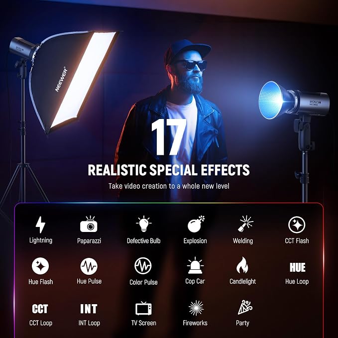 NEEWER MS150C RGBWW LED Video Light with 2.4G/APP Control, 150W Metal Mini RGB COB Continuous Output Lighting Bowens Mount Handheld Spotlight 2700K-6500K, 18000lux/1m, CRI97+/TLCI98+,17 Effects, RGBCW - Image 6