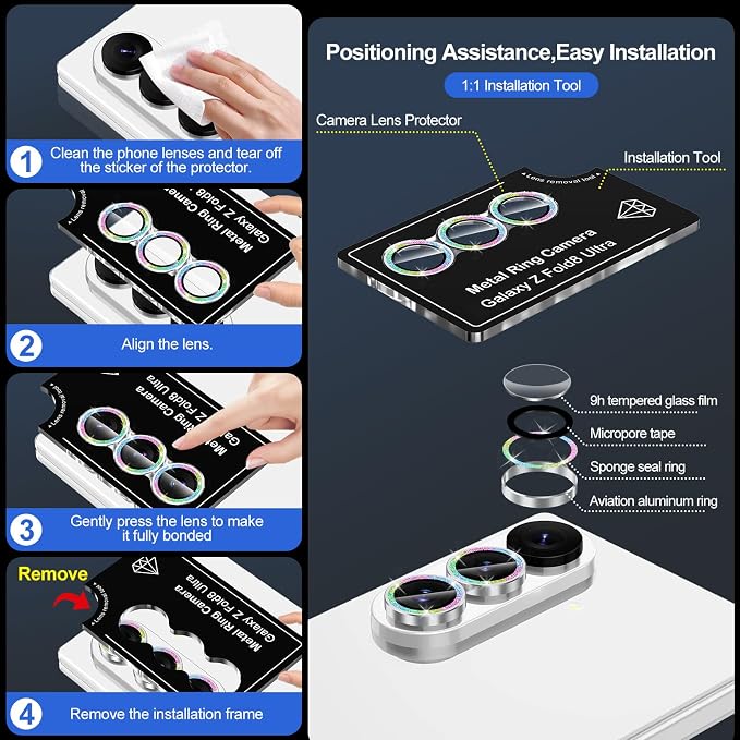 for Samsung Galaxy Z Fold 8 Ultra Camera Lens Protector, Individual Metal Ring Tempered Glass Lens Cover, [Strong Adsorption] Scratch Resistant Ultra-Thin HD Clear Lens Cover, 1 Set-Colorful Sparkly - Image 7