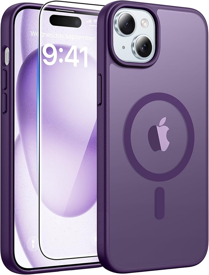 FNTCASE for iPhone 15/14/13 Case, Fit for Magsafe, Glass Screen Protector | Translucent Matte, Magnetic Phone Cases, 14FT Military Grade Drop Protection, Slim Shockproof Protective Cover, Purple by FNTCASE