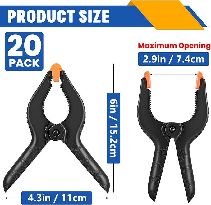 20 Pack 6 inch Plastic Spring Clamps, Black Heavy Duty Clips | Backdrop Clips, Plastic Clamps for Crafts, Backdrop Stand, Woodworking, Photography - Image 2