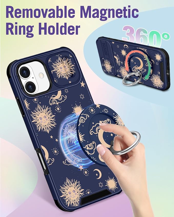 Buleens for iPhone 16 Plus Case 6.7 Inch - with Ring Stand & Camera Cover Aesthetic Cute Designed for Women Girls Girly Kawaii Sun Moon Stars Phone Case for iPhone 16 Plus Compatible with Magsafe - Image 5