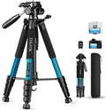 75" Heavy Duty Camera Tripod Stand - Max Load 15LB, Aluminum Travel Tripod for DSLR/Phone/Tablet/Projector, 3-Way Pan Head & Quick Release Plate, Compact Foldable Design (Blue) by ZIKZOK