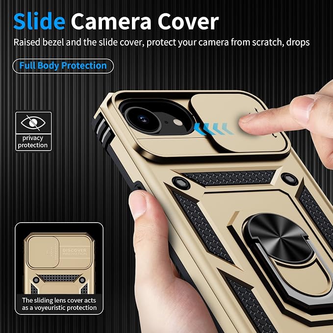 for iPhone 17e Case & iPhone 16e Case with 2X HD Screen Protector & Slide Camera Cover & Rotated Ring Kickstand, Rugged Heavy Duty Protective Phone Case for iPhone 17e/16e 6.1", Gold - Image 5
