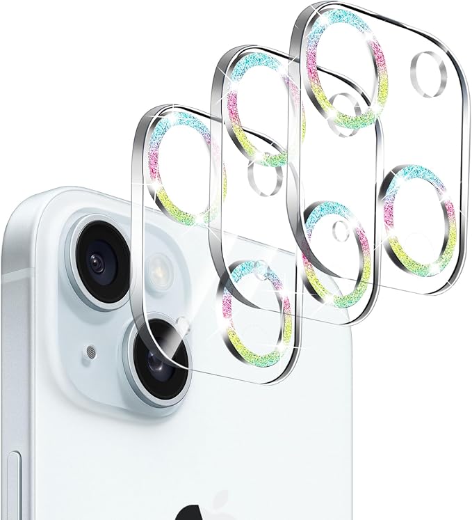 Dengduoduo 3 Pack Tempered Glass Camera Lens Protector for iPhone 15 6.1" & for iPhone 15 Plus 6.7", Bling Glitter, Ultra HD, 9H Hardness, Anti-Scratch, Case Friendly, Easy to Install by Dengduoduo