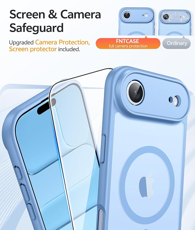 FNTCASE for iPhone Air Case, Fit for Magsafe, with Glass Screen Protector | Full Camera Protection, Translucent Matte, 14FT Military Grade Drop Proof, Shockproof Protective Phone Cover, Light Blue - Image 4