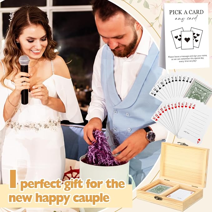 AceOrbit 57 Pack Green Wedding Guest Book Playing Cards Set with Wooden Box | Wedding Signing Guestbook Alternative Personalized Blank Deck of Cards for Garden Guest Reception Vegas Bridal Shower Games - Image 6