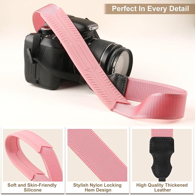 FIEIL Neck Strap Silicone Camera Straps - Padded Camera Strap, 1.5" Wide Adjustable Nylon Shoulder Strap - Compatible with Canon, Nikon, Sony, and More DSLR and Mirrorless Cameras (Peach Pink) - Image 3