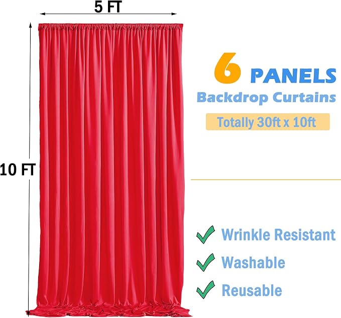 30ftx10ft Red Backdrop Curtains for Parties, Wrinkle Free 6 Panels 5x10ft Silky Photo Backdrop Drapes Back Drop Cloth Drapery for Wedding Birthday Photography Baby Shower Background Decor - Image 6