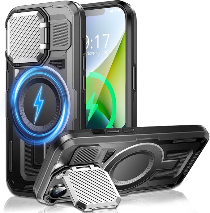 Camera Stand Case for iPhone 13/14, [Compatible with MagSafe] [Lens Cover] 2024 Version Military Grade Protective Soft Case for iPhone 13/14 6.1 inch Men Women, Black by WASTROYAL